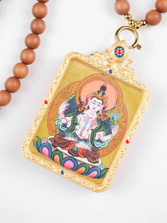 Four-Armed Avalokiteshvara Hand-Painted Thangka Necklace Pendant – Tibetan Buddhist Compassion Amulet (4×5 cm)