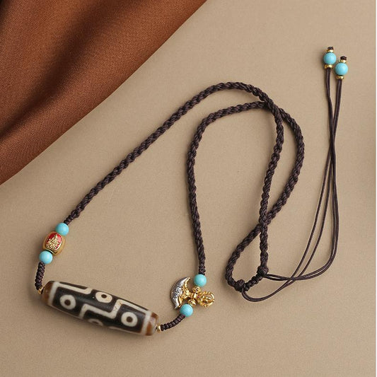 Tibetan Buddhist Nine-Eyed Dzi Pendant Necklace with Turquoise