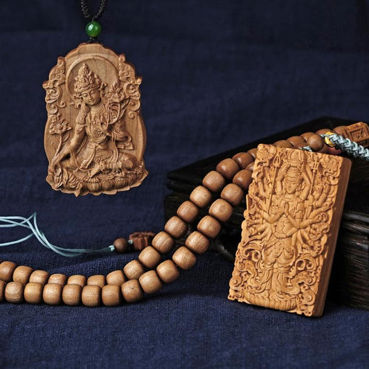 Tibetan Buddhist Old Sandalwood Necklace with Amber & Silver Beads | Handcrafted Green Tara Pendant