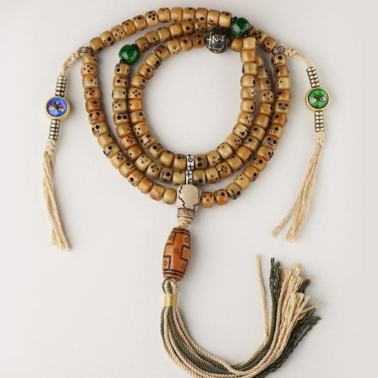 Tibetan Buddhist 108 Beads Ox Bone Mala Necklace with Incense Ash Beads – Handcrafted Prayer Necklace