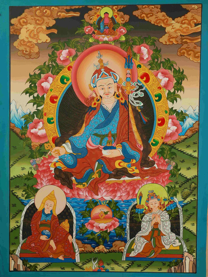 Hand-Painted Guru Rinpoche "Shijun Sanzun" Thangka: A Lineage Amulet of "Esoteric-Exoteric Transmission" from Tibet