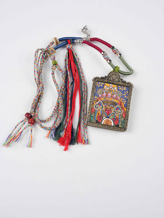 Zaki Lhamo Hand-Painted Thangka Necklace Pendant – Rectangular Tibetan Guardian Deity Amulet (4×5 cm)