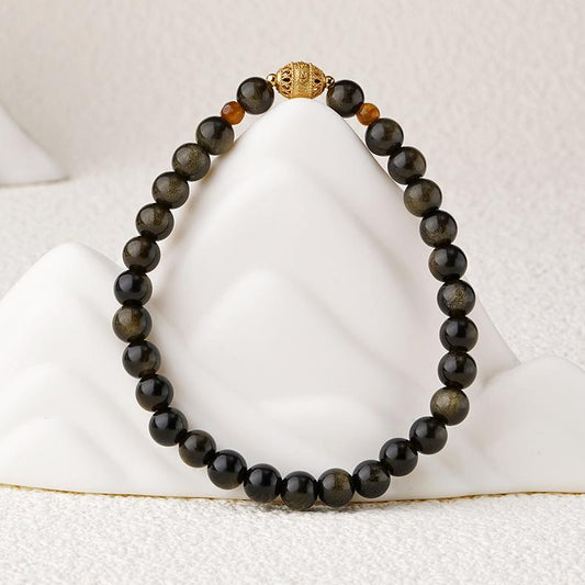 Tibetan-Buddhist Yeminghui · Golden Obsidian Bracelet with White Crystal and 925 Silver Wisdom-Eye Bead | Handmade Jewelry