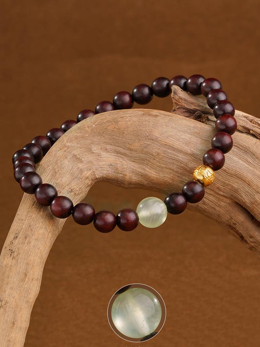Tibetan-Buddhist Red Sandalwood Prehnite Bracelet · Handmade Purple Sandalwood with Sterling Silver Potala Bead