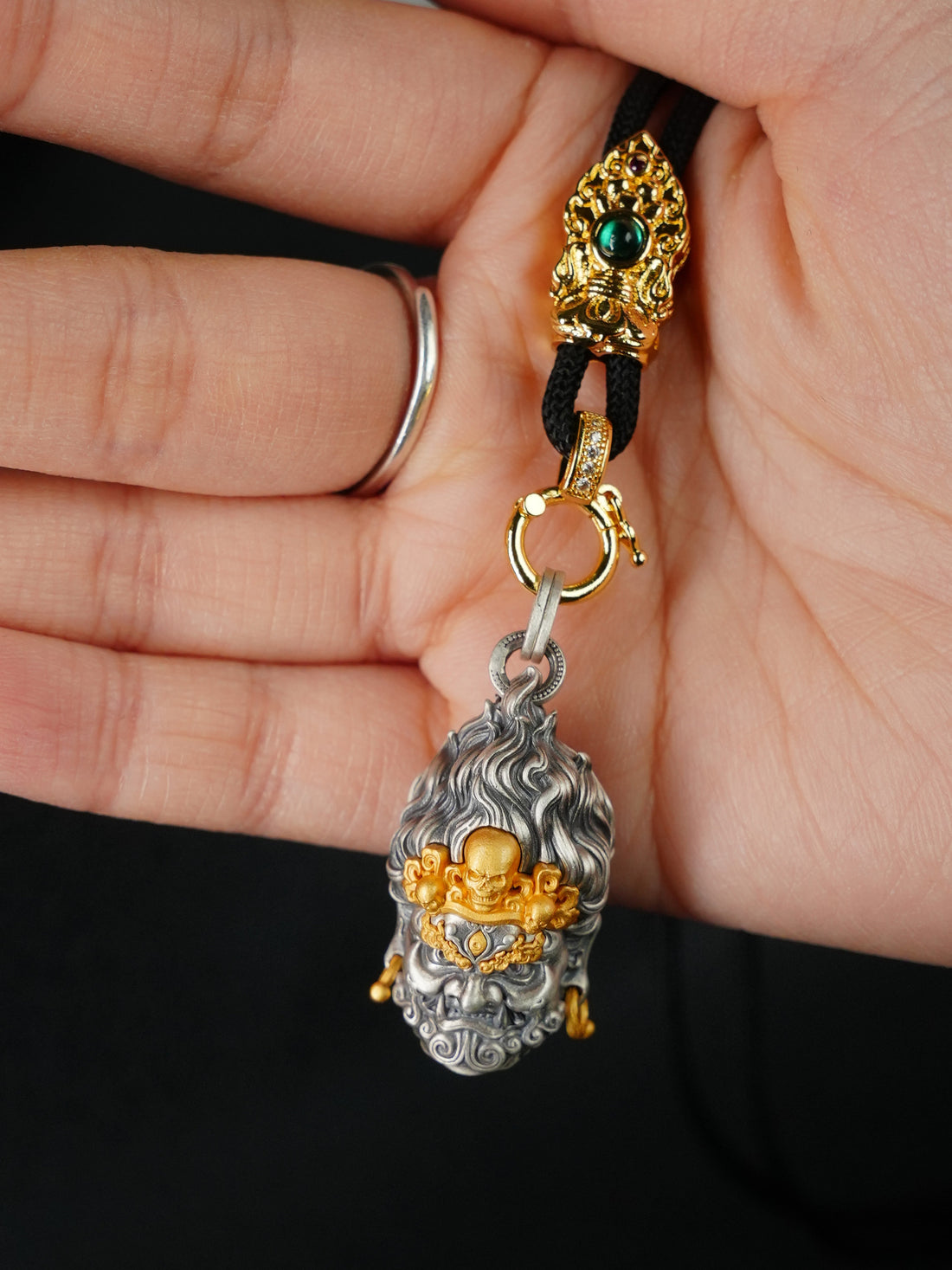 Tibetan-Buddhist Gold Mahakala Pendant: Sacrificial Items Tibetan Buddhist Jewelry