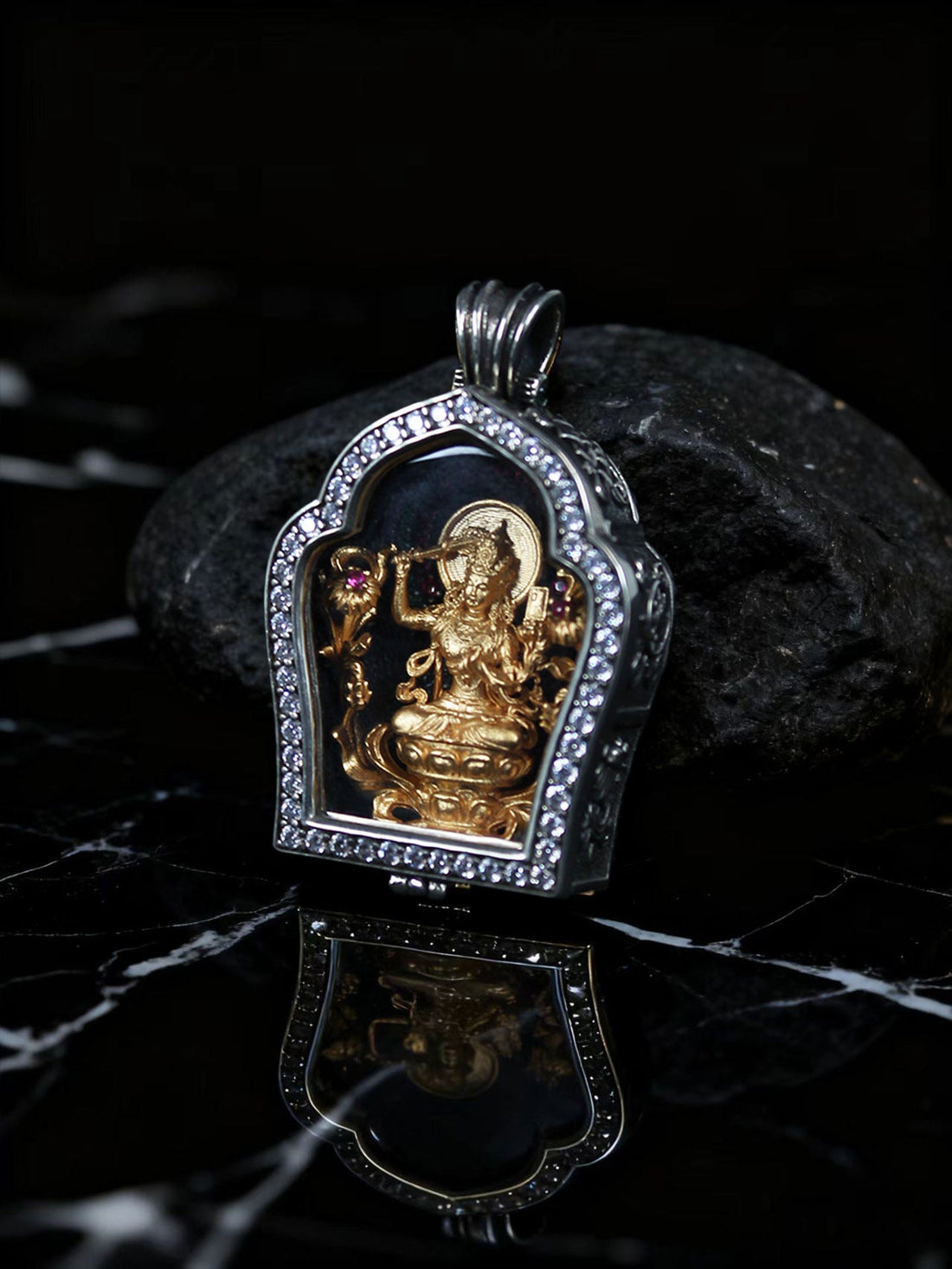 Tibetan-Buddhist Gold Manjusri Gau Box: Sacrificial Items Tibetan Buddhist Jewelry