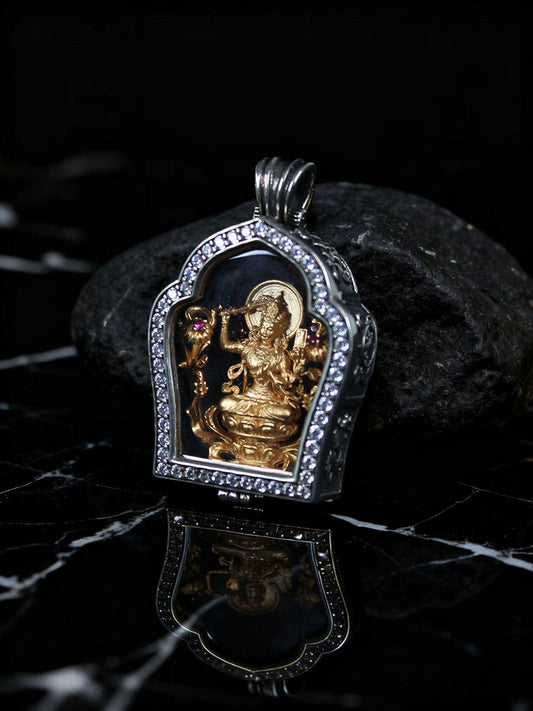 Tibetan-Buddhist Gold Manjusri Gau Box: Sacrificial Items Tibetan Buddhist Jewelry