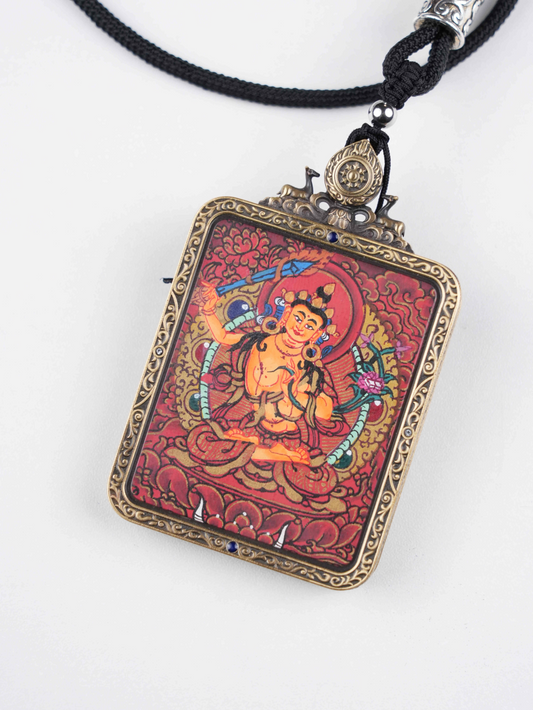 Manjushri Bodhisattva Hand-Painted Thangka Necklace Pendant – Tibetan Wisdom Amulet (4×5 cm)