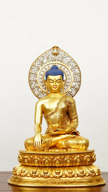 Tibetan-Buddhist Shakyamuni Buddha Statue, Mineral Colors & Gilded Gold