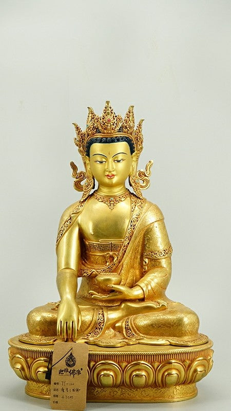 Tibetan-Buddhist Shakyamuni Buddha Sculpture, Gilded & Hand-Painted Art