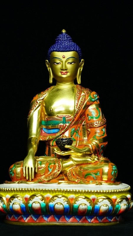 Tibetan-Buddhist Shakyamuni Buddha Statue, Hand-Painted, Gold-Plated