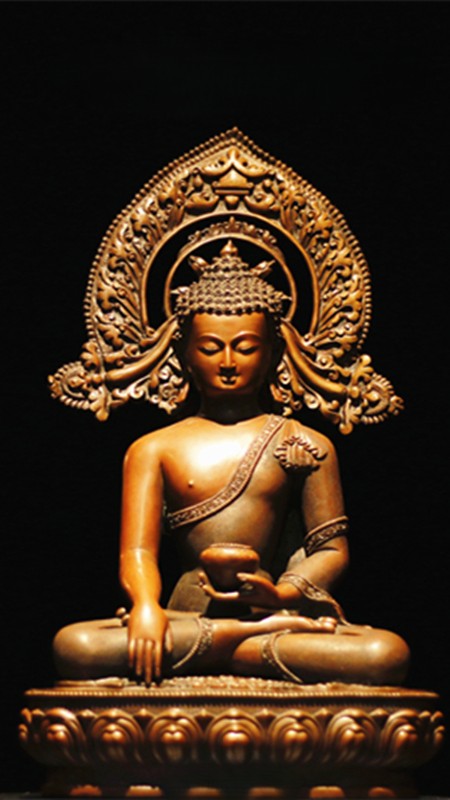 Tibetan-Buddhist Shakyamuni Buddha, Copper Statue with Mineral Colors