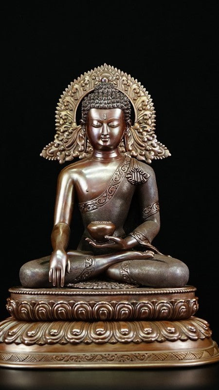 Tibetan-Buddhist Shakyamuni Buddha Sculpture, Copper with Mineral Pigments