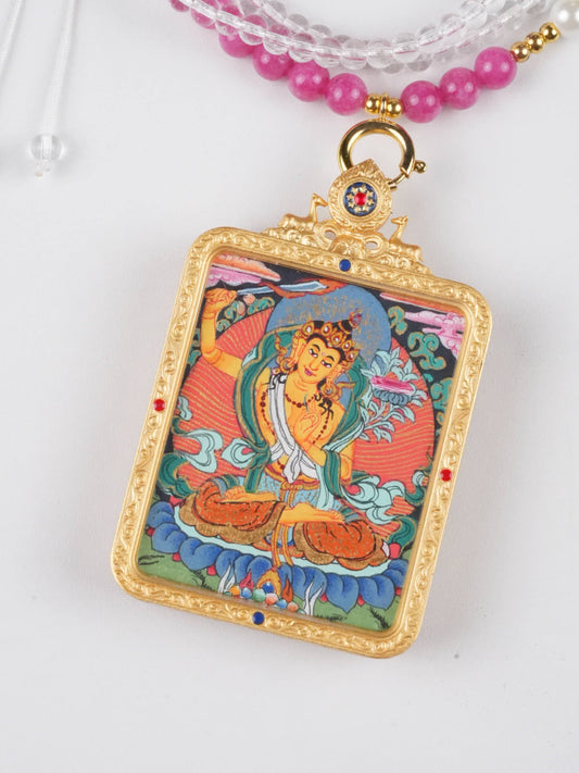 Manjushri Bodhisattva Hand-Painted Thangka Necklace Pendant – Tibetan Buddhist Wisdom Amulet (4×5 cm)