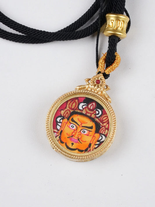 Yellow Jambhala 2cm Circular Thangka Pendant | Hand-Painted Tibetan Wealth & Protection Amulet