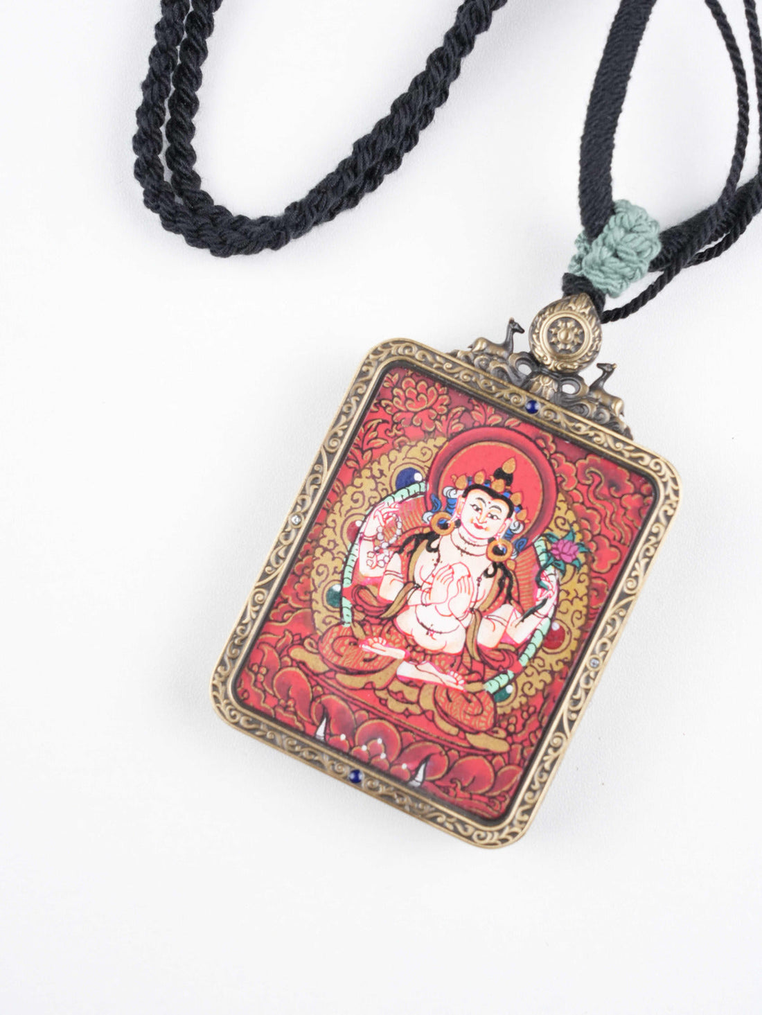 Four-Armed Avalokiteshvara Thangka Necklace | Hand-Painted Tibetan Compassion Pendant