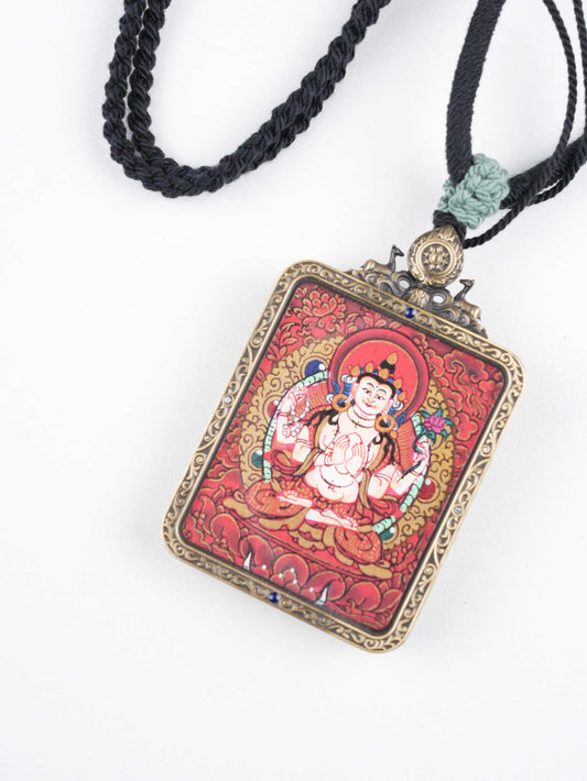 Four-Armed Avalokiteshvara Thangka Necklace | Hand-Painted Tibetan Compassion Pendant