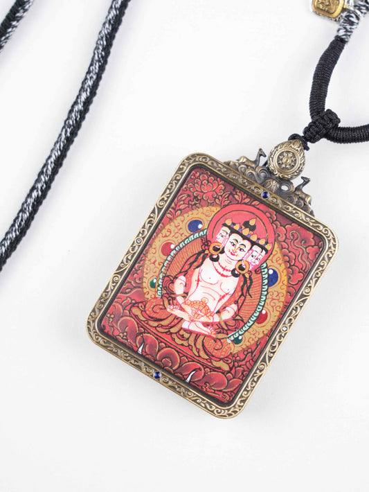 Vairocana (Dainichi Nyorai) Hand-Painted Thangka Necklace Pendant – Tibetan Buddhist Wisdom Amulet (4×5 cm)