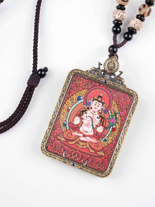 Mahasthamaprapta (Great Strength Bodhisattva) Hand-Painted Thangka Necklace Pendant – Tibetan Buddhist Wisdom Amulet (4×5 cm)