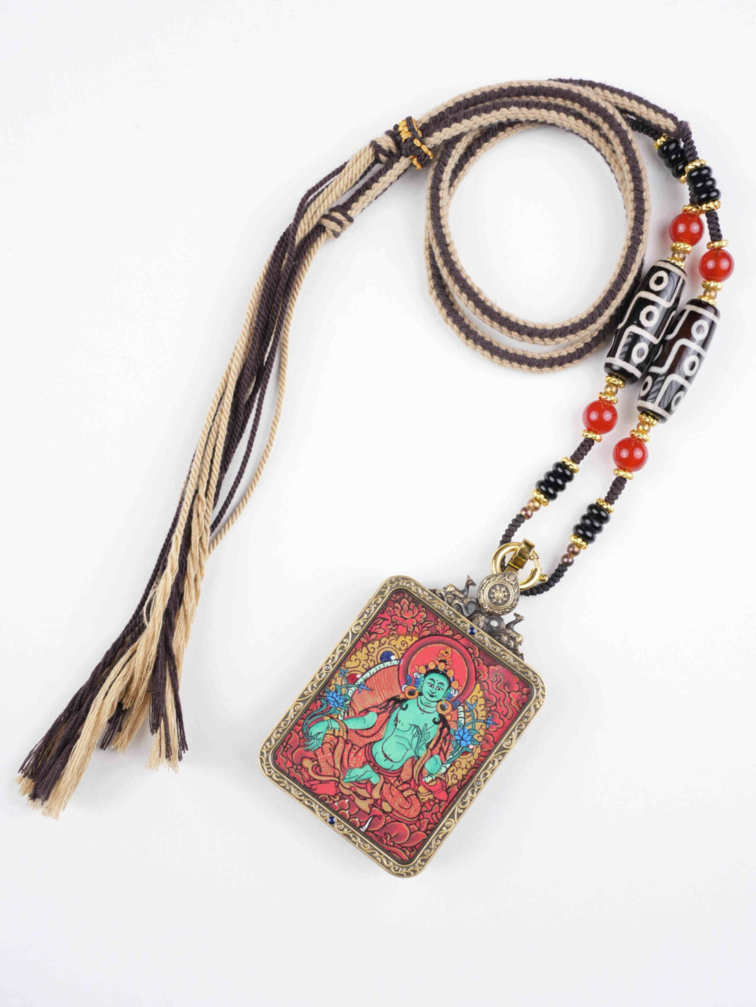 Green Tara Thangka Necklace | Hand-Painted Tibetan Buddhist Compassion & Protection Pendant