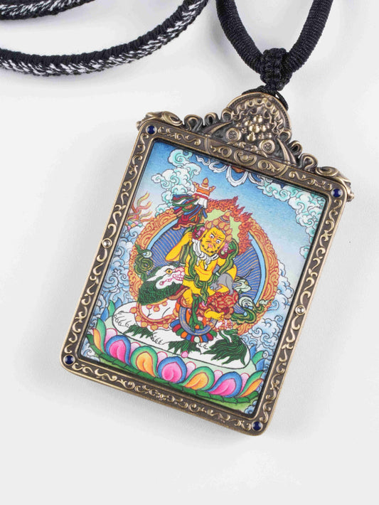 Hand-Painted Treasure King Mini Thangka Pendant – Tibetan Protector for Wealth, Blessings & Spiritual Guidance