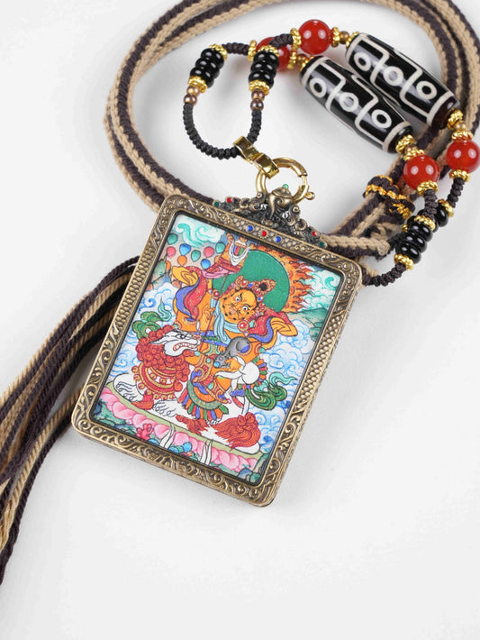Hand-Painted Treasure King Mini Thangka Pendant – Tibetan Protector Talisman for Wealth, Blessings & Spiritual Guidance