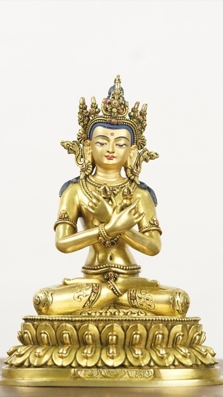 Tibetan-Buddhist Vajrapani Buddha Idol, Hand-Painted Copper Sculpture