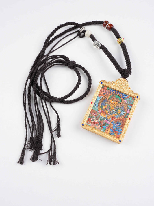 Five Wealth Deities Thangka Necklace | Hand-Painted Tibetan Buddhist Prosperity Pendant