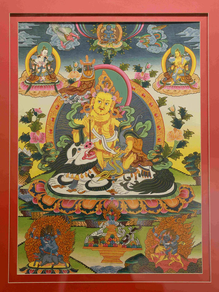 Hand-Painted Yellow Jambhala "Treasure Steed Wealth Gathering" Thangka: A Tibetan Fortune Protection Treasure Wrapped in Golden Flame