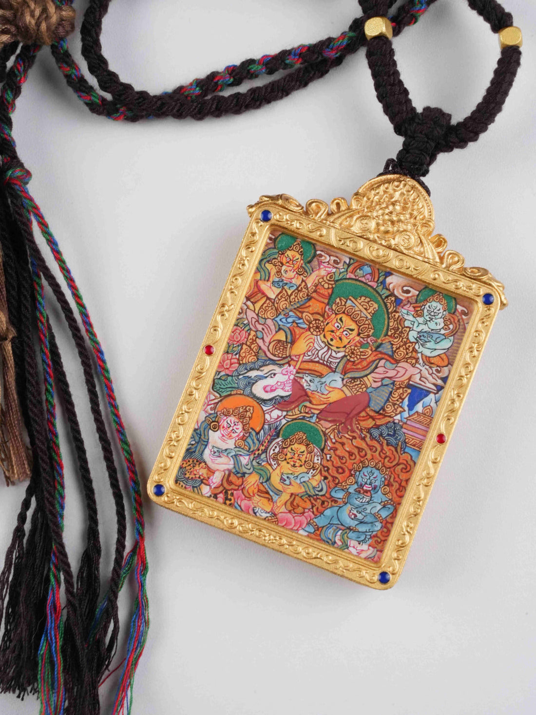 Vaisravana & Five Directions Jambhala 4x5cm Rectangular Thangka Pendant | Hand-Painted Tibetan Wealth & Guardian Amulet
