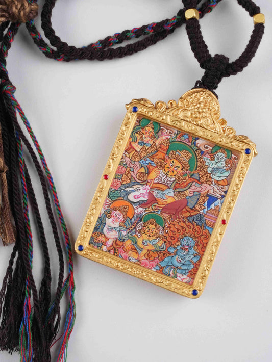 Vaisravana & Five Directions Jambhala 4x5cm Rectangular Thangka Pendant | Hand-Painted Tibetan Wealth & Guardian Amulet