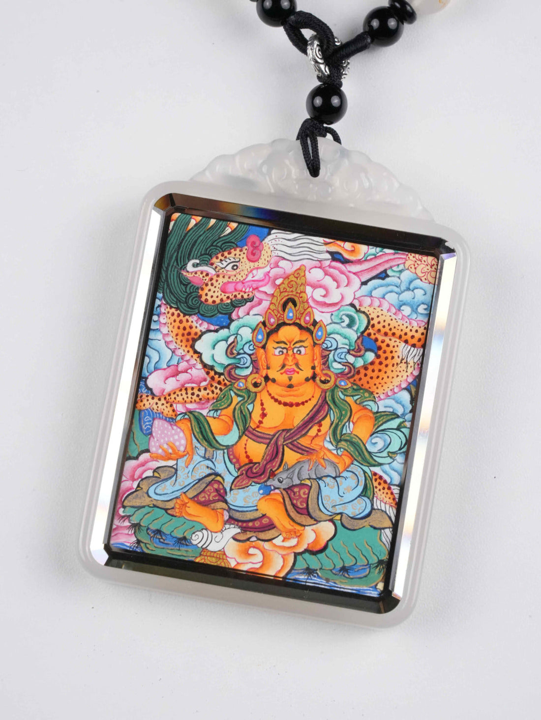 Hand-Painted Yellow Jambhala Mini Thangka Pendant – Tibetan Protector for Wealth, Blessings & Spiritual Guidance