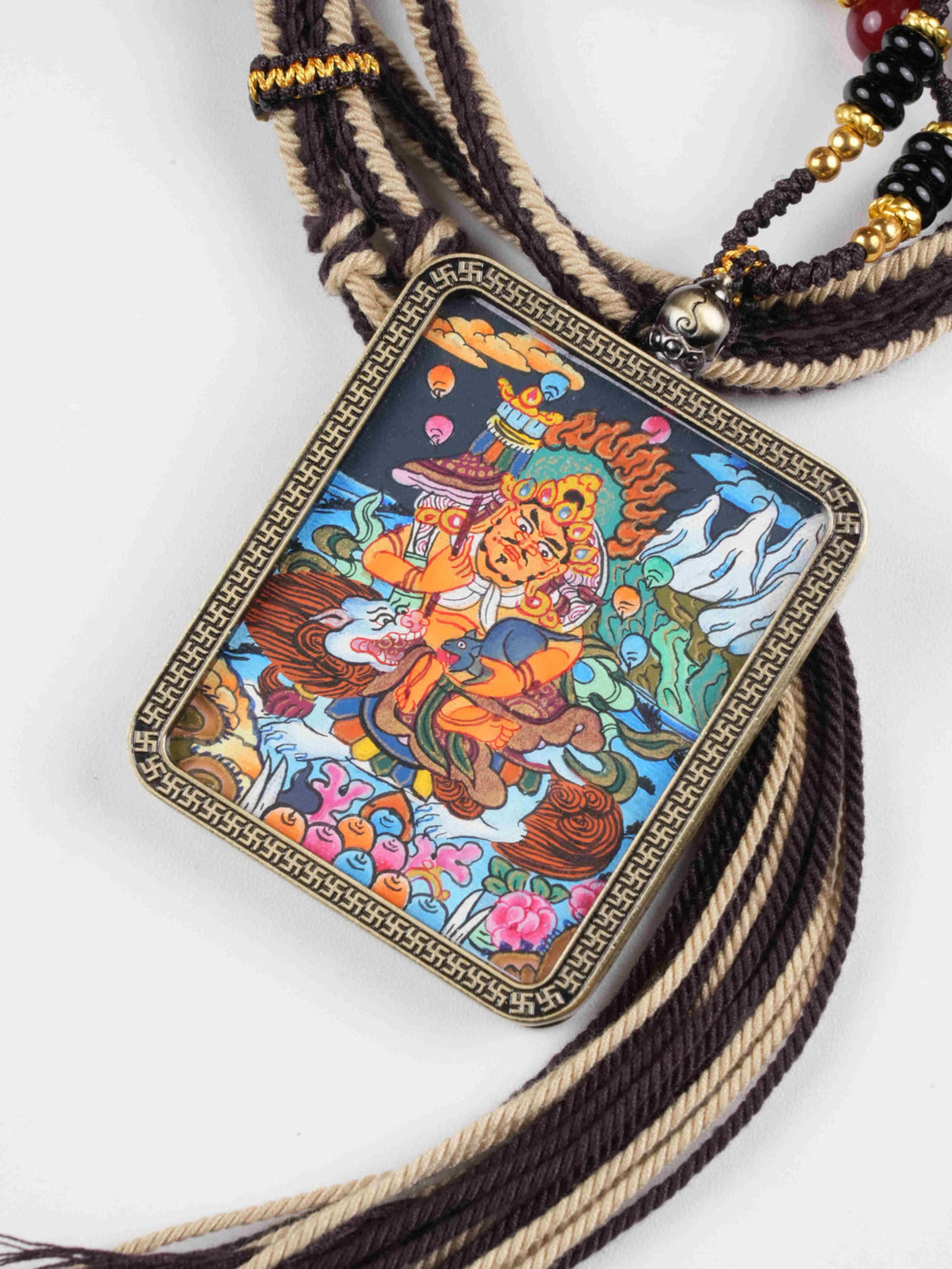 Vaisravana 4x5cm Rectangular Thangka Pendant | Hand-Painted Tibetan Wealth & Guardian Amulet
