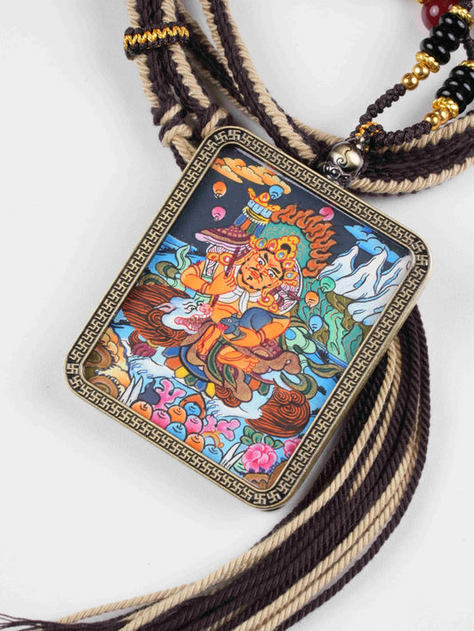 Vaisravana 4x5cm Rectangular Thangka Pendant | Hand-Painted Tibetan Wealth & Guardian Amulet