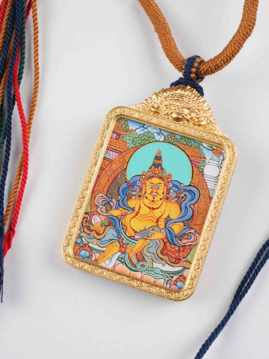 Yellow Jambhala 4x5cm Rectangular Thangka Pendant | Hand-Painted Tibetan Wealth & Guardian Amulet