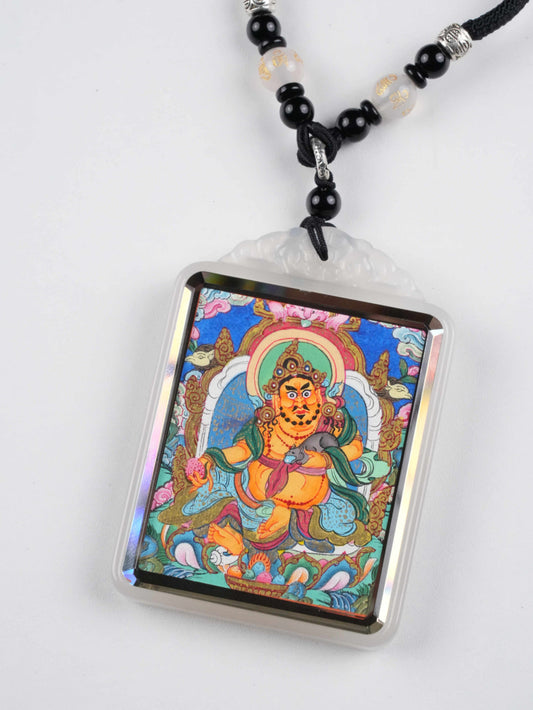 Yellow Jambhala 4x5cm Rectangular Thangka Pendant | Hand-Painted Tibetan Wealth & Guardian Talisman