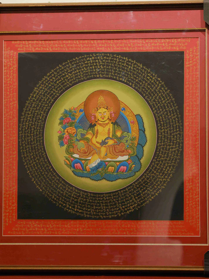 Hand-Painted Black-Gold Yellow Jambhala "Mantra Wheel Wealth Gathering" Thangka: A Tibetan Fortune Protection Treasure Wrapped in Sutra Script