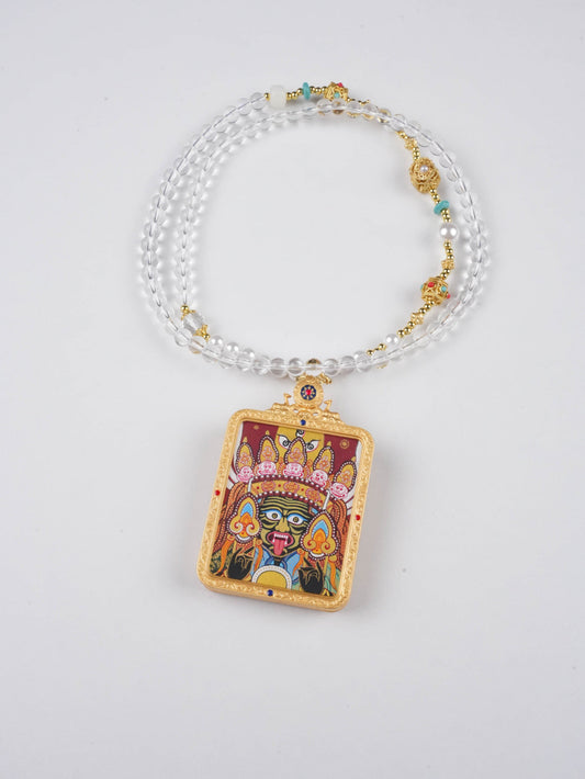 Zaki Lhamo Hand-Painted Thangka Necklace Pendant – Rectangular Tibetan Guardian Deity Amulet (4×5 cm)
