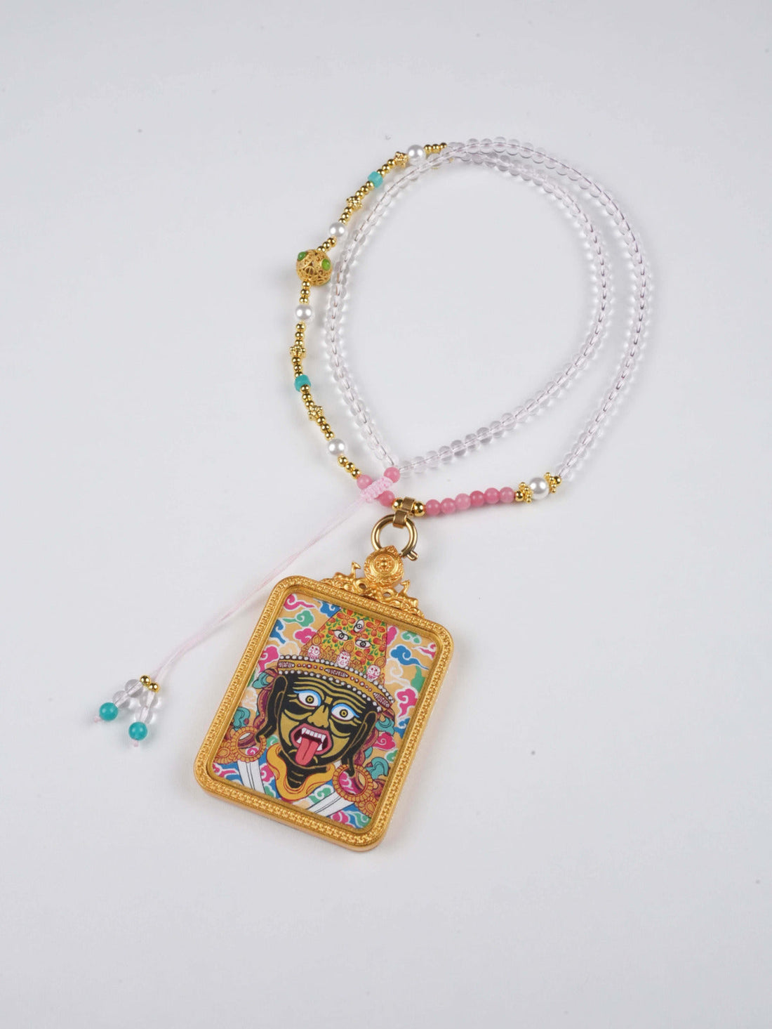 Zaki Lhamo Hand-Painted Thangka Necklace Pendant – Rectangular Tibetan Guardian Goddess Amulet (4×5 cm)