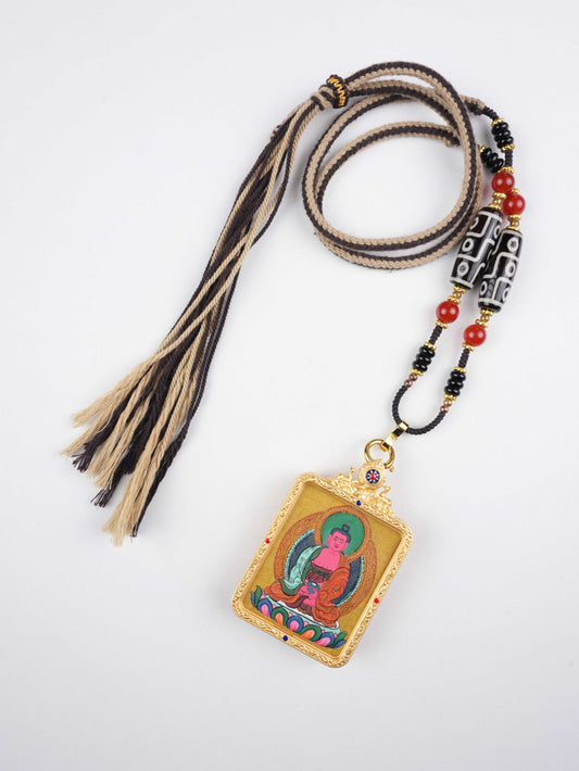 Amitabha Buddha Thangka Necklace | Hand-Painted Tibetan Pure Land Pendant