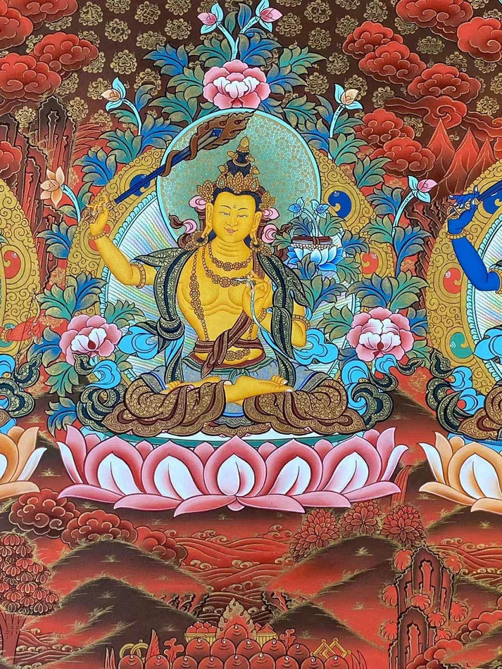 Hand-Painted Yellow Manjushri "Wisdom Flame Lotus" Thangka: A Tibetan Wisdom Treasure for Breaking Attachment, Wrapped in Golden Flame