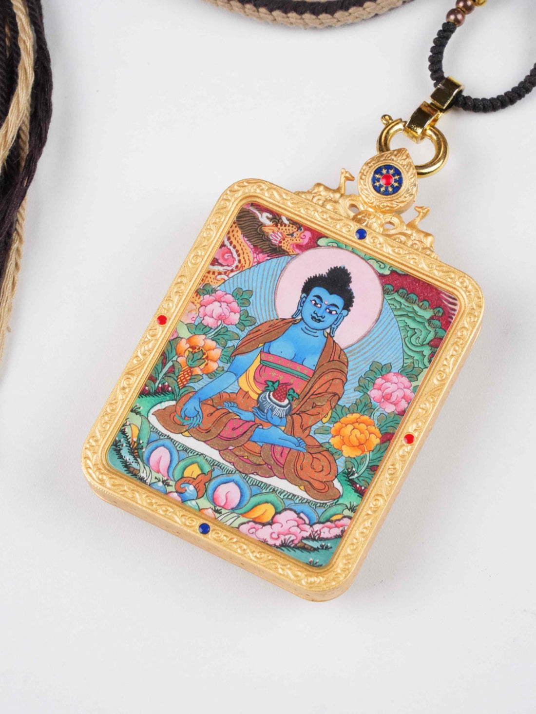 Medicine Buddha Hand-Painted Thangka Necklace Pendant – Rectangular Tibetan Healing Amulet (4×5 cm)