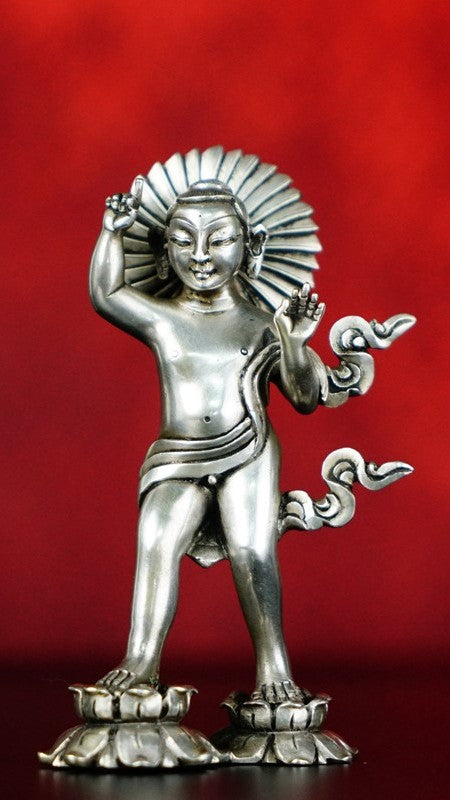 Tibetan-Buddhist Shakyamuni Birth Buddha, Pure Silver, Hand-Painted