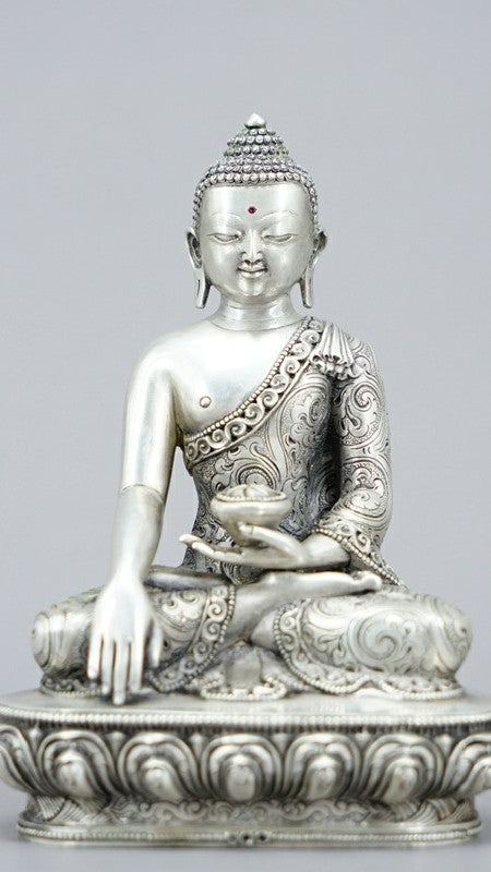 Tibetan-Buddhist Shakyamuni Buddha, Hand-Painted Silver Art Statue