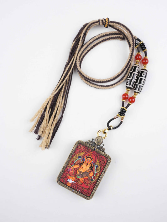 Yellow Jambhala Thangka Necklace | Hand-Painted Tibetan Wealth Pendant