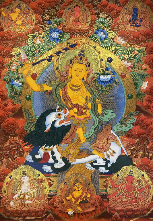 Hand-Painted Five-Form Yellow Manjushri "Wisdom Lion Dispelling Delusion" Thangka: A Tibetan Wisdom Treasure Wrapped in Five Wisdoms’ Golden Flame