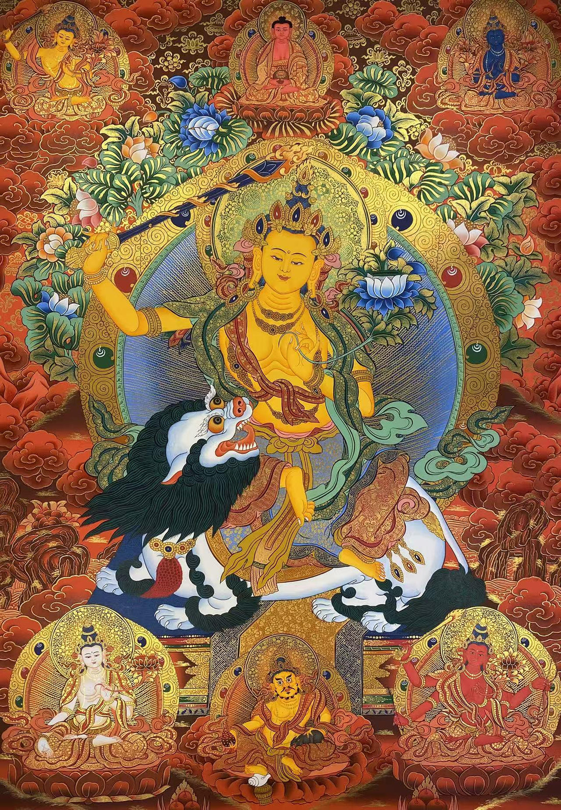 tibetan-buddhist- Lion's Roar Manjushri Bodhisattva Thangka Painting – Handmade with Mineral Pigments on Thangka Canvas