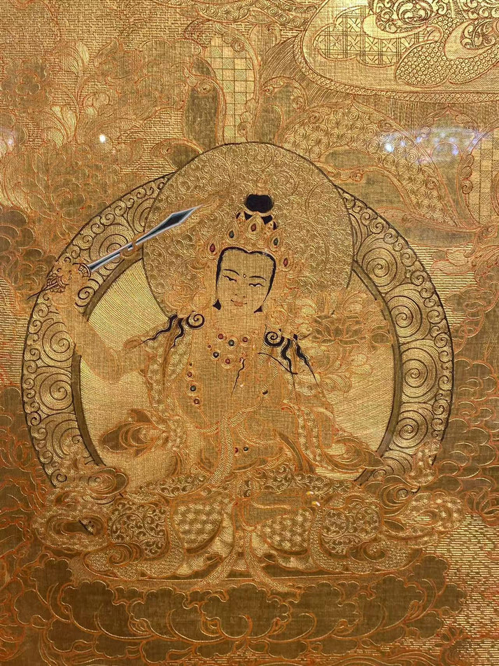 Hand-Painted Full-Gold Manjushri Thangka: A Tibetan Wisdom Treasure Wrapped in "Golden Flame & Wisdom Blade"