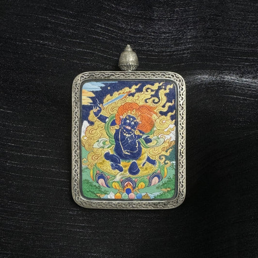  A 4x5cm hand-painted Tibet Bold Acala (Immovable Wisdom King) Thangka pendant featuring the King of the Five Wisdom Kings, encased in 925 silver, representing discipline and obstacle removal in Tibetan Buddhist tradition.
