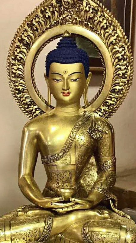 Handcrafted Tibetan-Buddhist gilded Amitabha Buddha statue made from purple copper and mineral pigments. A stunning piece of spiritual art, perfect for meditation spaces.